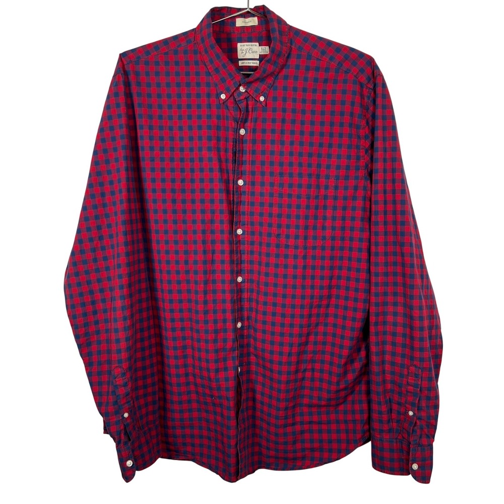 J.Crew Gingham Shirt Mens XLT Extra Large Tall Red Navy Blue Classic